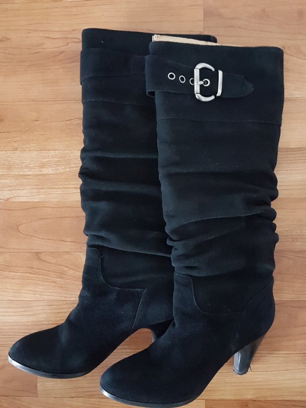 Browns Bravo Black Suede Slouchy Knee-High BootsStacked Heel Size 6